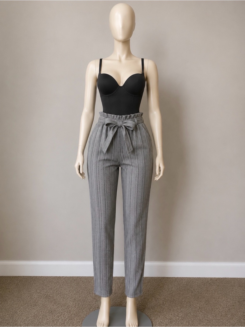 High-Waist Gray Pinstripe Paperbag Trousers with Tie